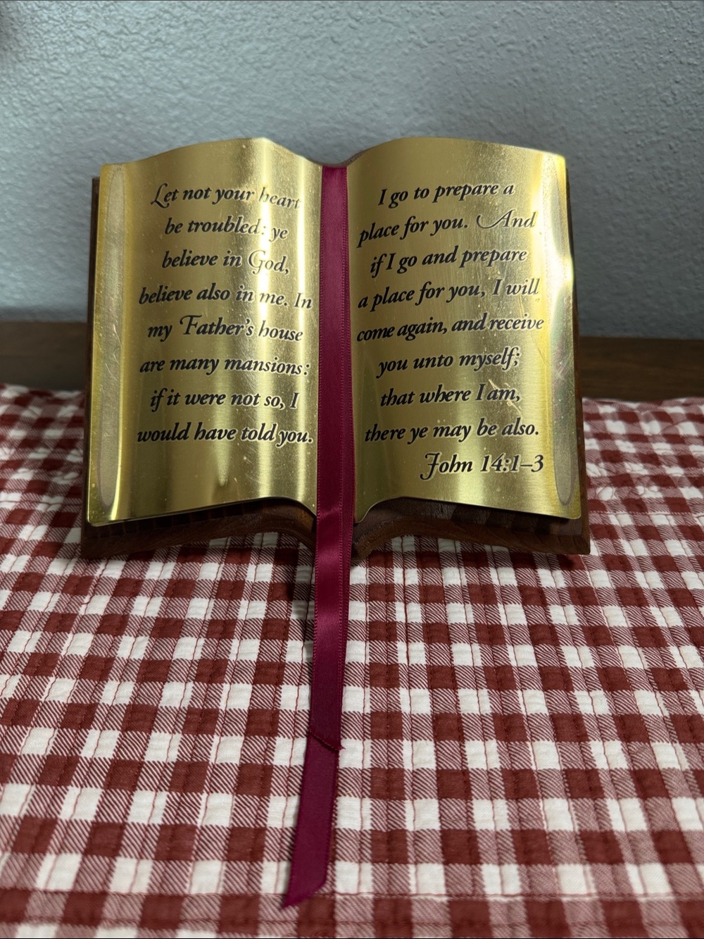 Gold Open-Book John 14:1-3 Decorative Accent with Burgundy Ribbon